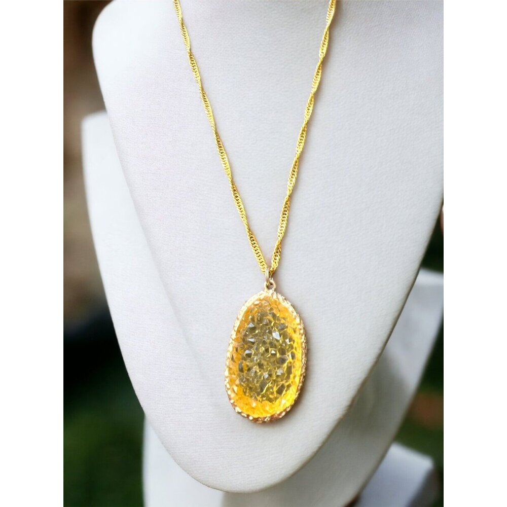 Wow 14k Gold Plated Chain Necklace with Large Lemon Colored Textured Stone